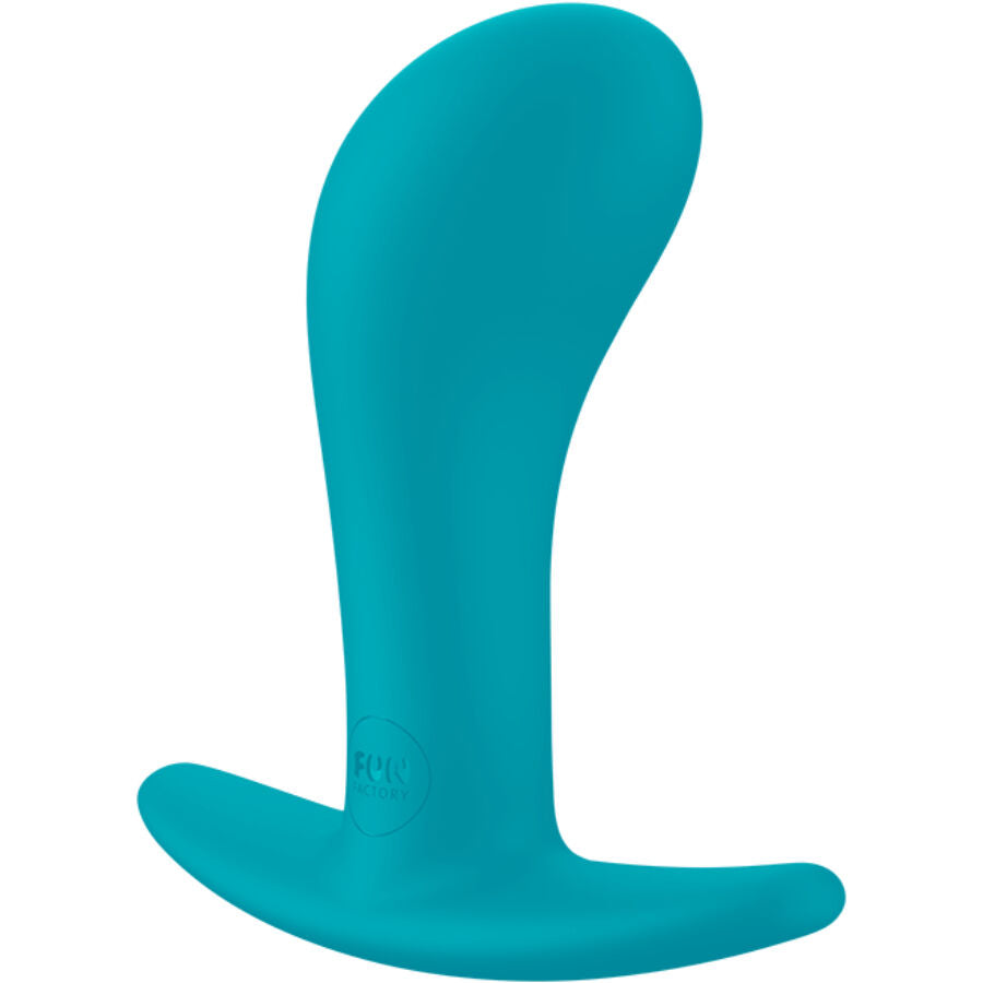 Aquamarine silicone anal plug with curved shape and flared base for secure fit.