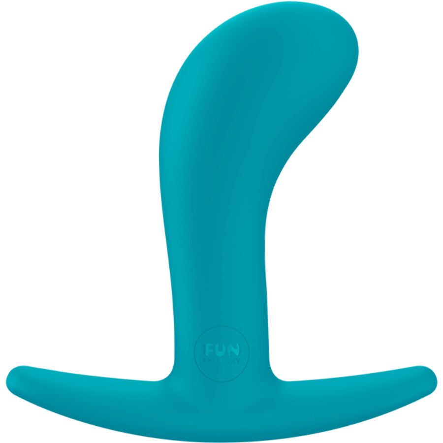 Aquamarine silicone anal plug with curved shaft and wide base.