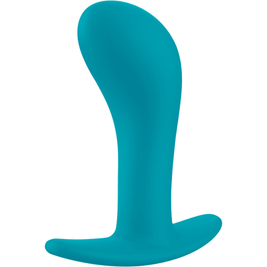 Aquamarine silicone anal plug with curved, smooth design and wide base size L.