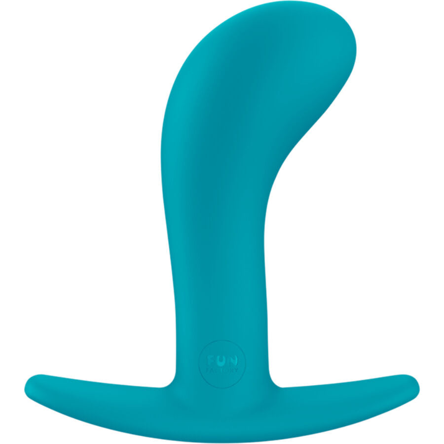 Aquamarine curved silicone anal plug with wide ergonomic base.