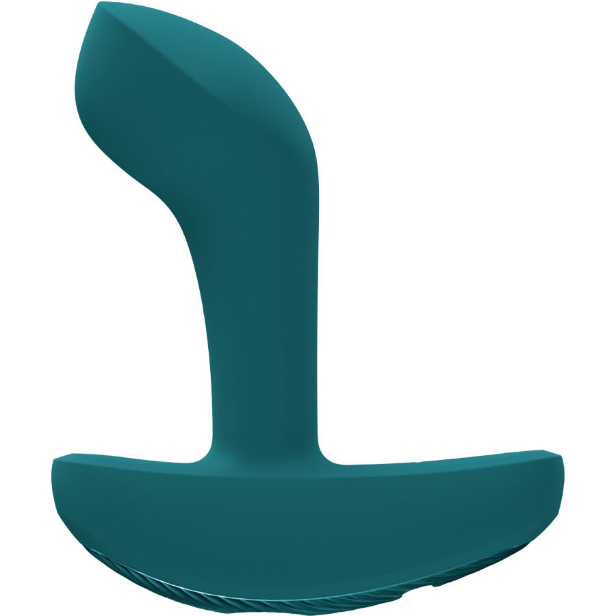 Teal curved silicone anal plug vibrator with wide base and smooth matte finish.