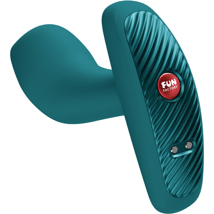 Teal silicone anal plug vibrator with curved shape and textured control panel with red logo button.