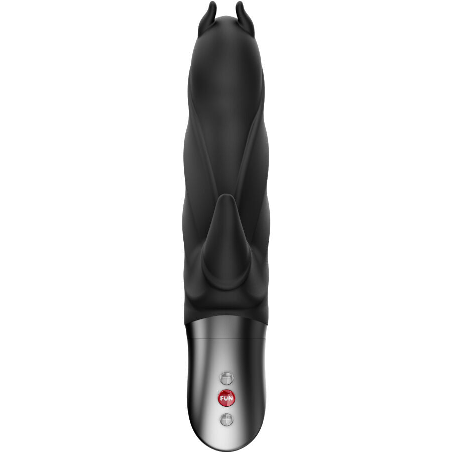 Black silicone rabbit vibrator with devil horn details and silver control panel with buttons.