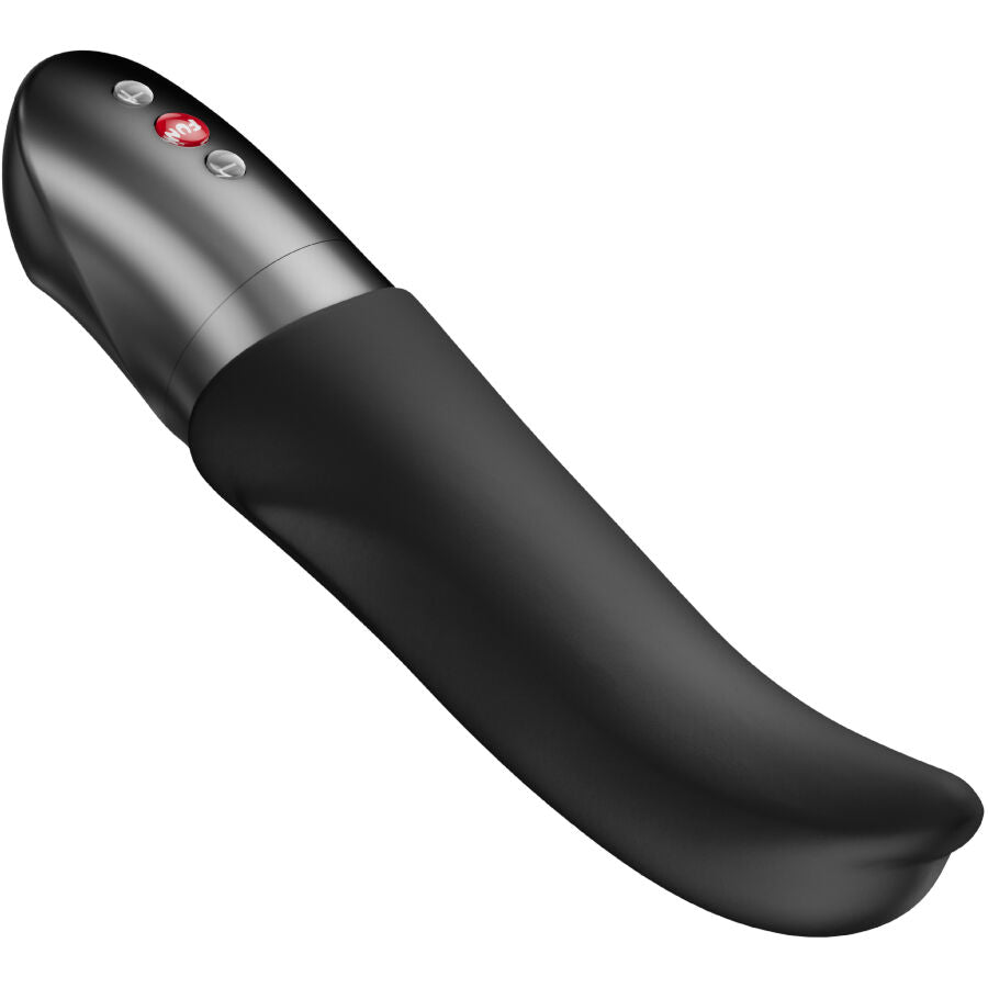Black curved silicone G-spot vibrator with ergonomic handle and two silver control buttons.