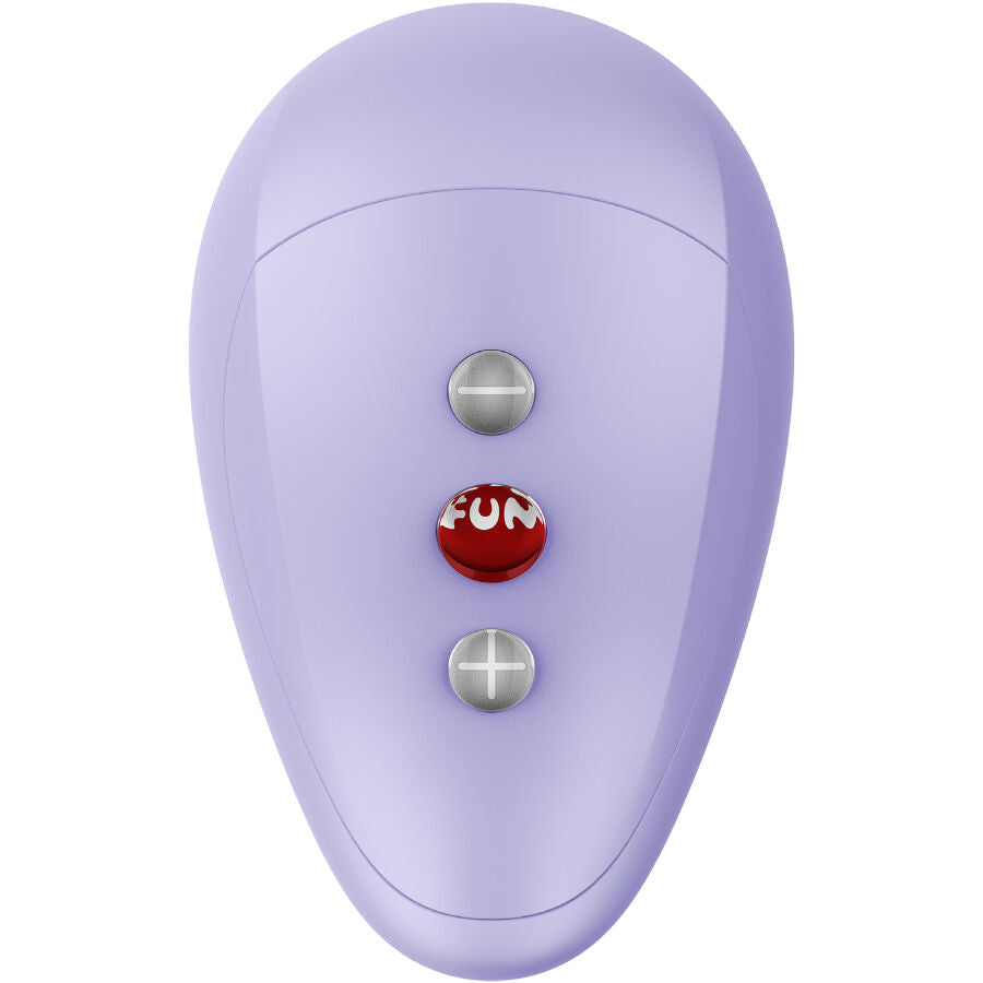 Purple ergonomic air pulse vibrator with three silver and red control buttons.