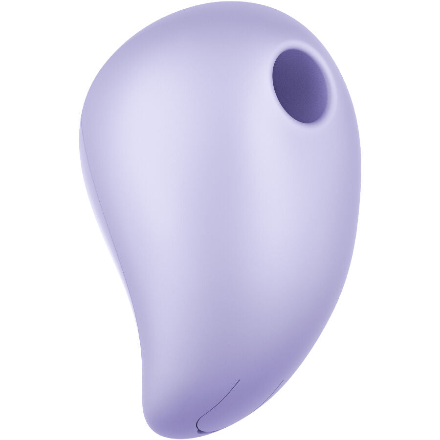 Purple smooth silicone air pulse vibrator with ergonomic curved shape and circular opening.