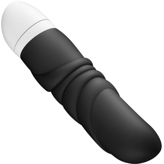 Compact black mini vibrator with a smooth white rounded tip and textured curved body.