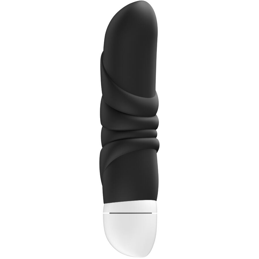 Black mini vibrator with curved tip and textured spiral design, white base with control buttons.
