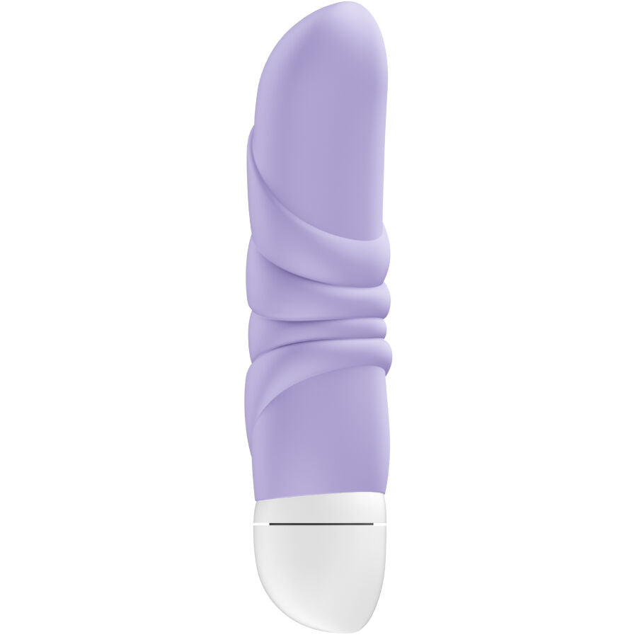 Compact purple mini vibrator with curved tip and textured spiral design, white base control.