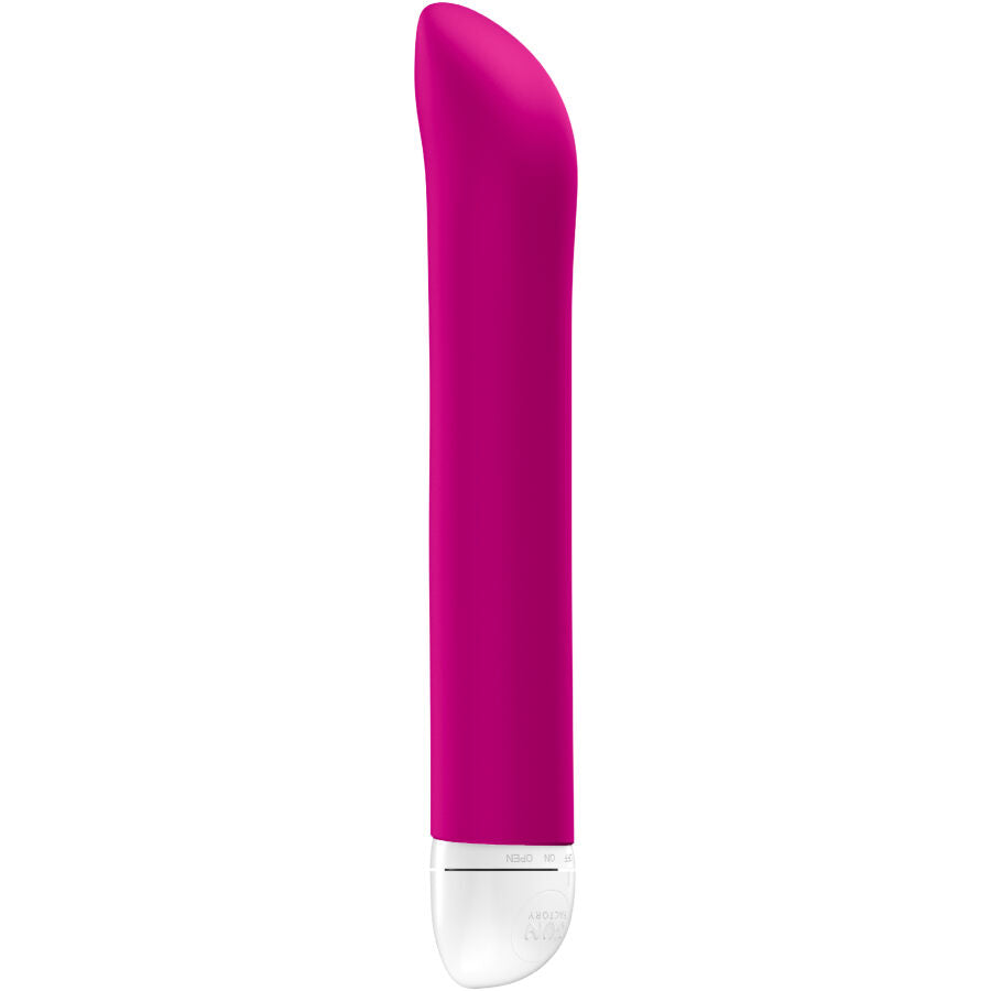 Magenta silicone G-spot vibrator with curved tip and white base control button.