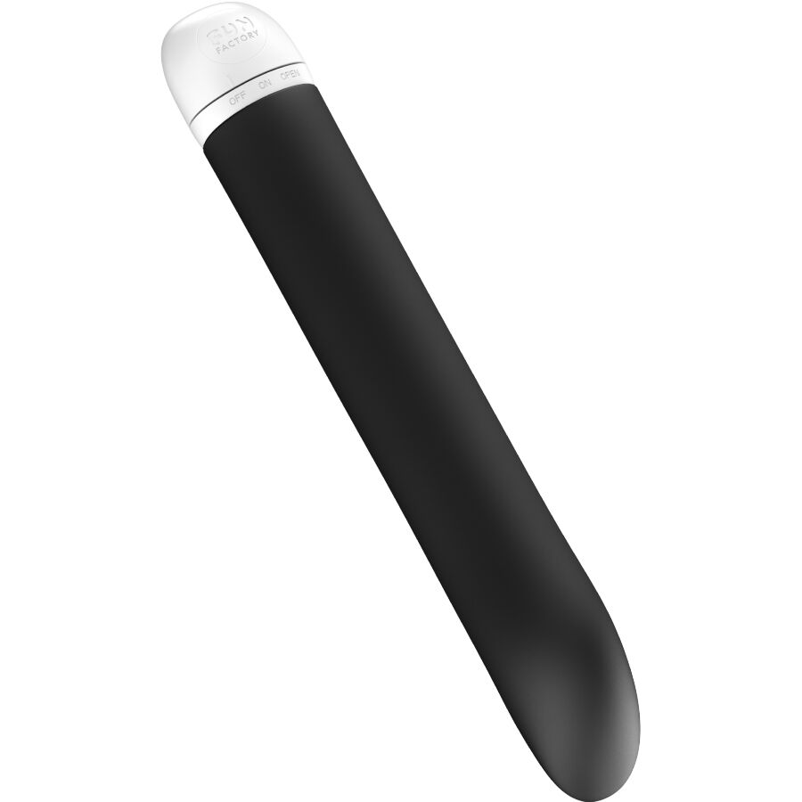 Sleek black silicone G-spot vibrator with curved tip and transparent control cap.