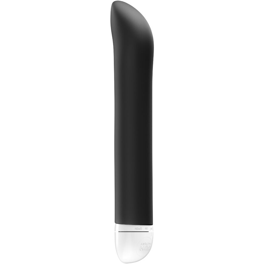Sleek black silicone G-spot vibrator with curved tip and clear base control ring.