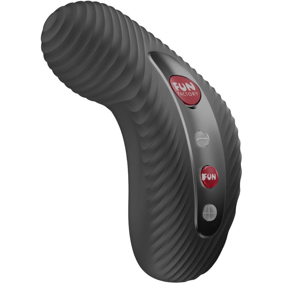 Black curved lay-on vibrator with textured ribbed surface and three red control buttons on sleek central panel.
