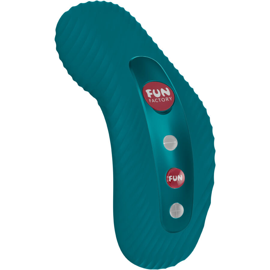 Bottle green curved vibrator with textured silicone surface and three circular buttons on front panel.