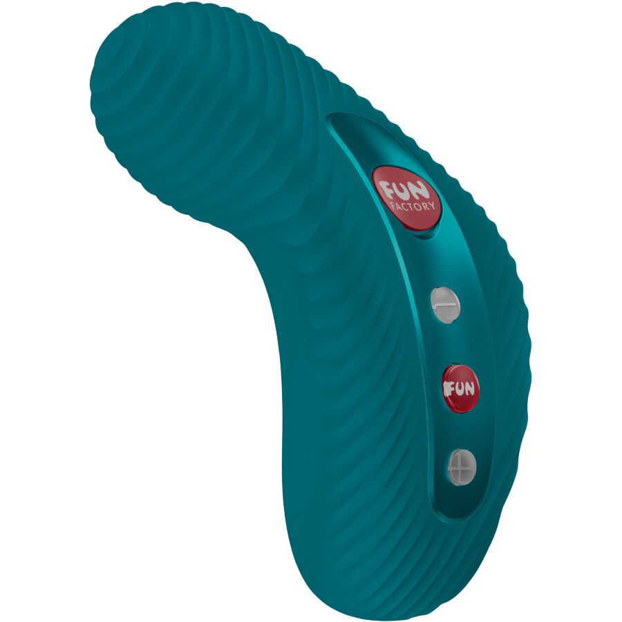 Teal curved vibrator with ribbed texture and three red and white control buttons on the side.