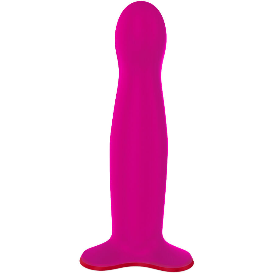 Magenta silicone G-spot dildo with curved, tapered tip and flared base.
