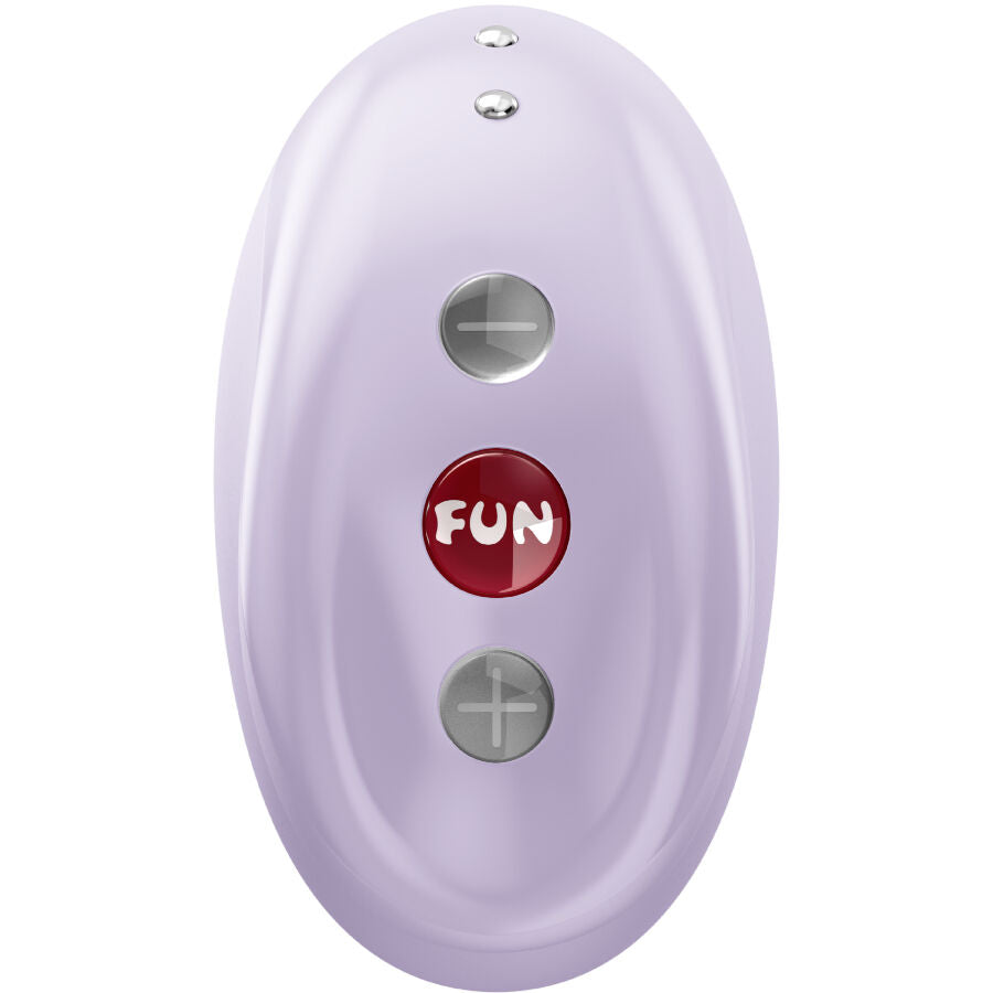 Purple oval-shaped vibrator with soft matte finish and three control buttons, including a red button labeled "FUN".