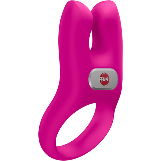 Magenta silicone vibrating cock ring with dual prongs and a gray button labeled FUN.
