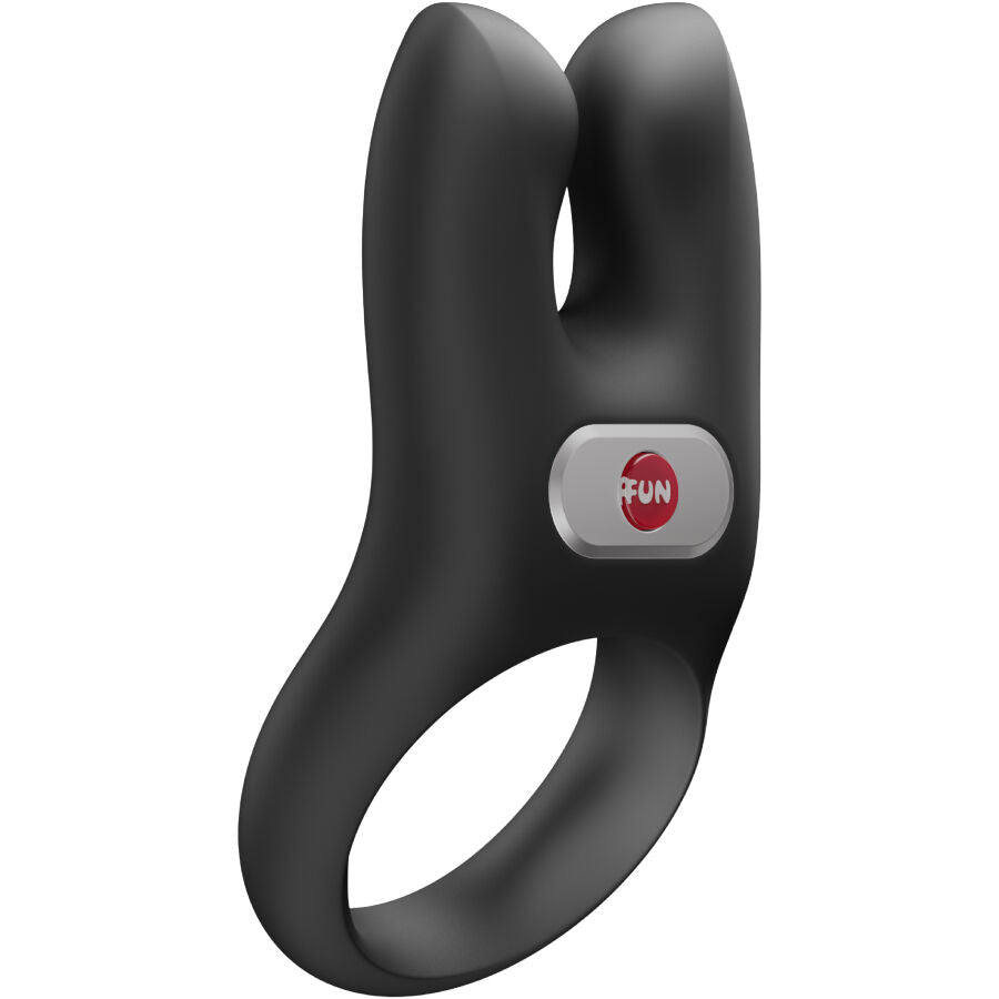 Black silicone vibrating cock ring with flexible dual-prong design and red button control.