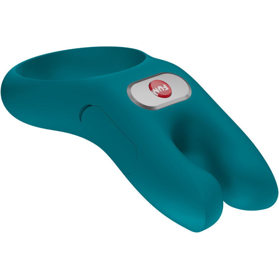 Teal green silicone vibrating cock ring with dual prongs and a white button on top.
