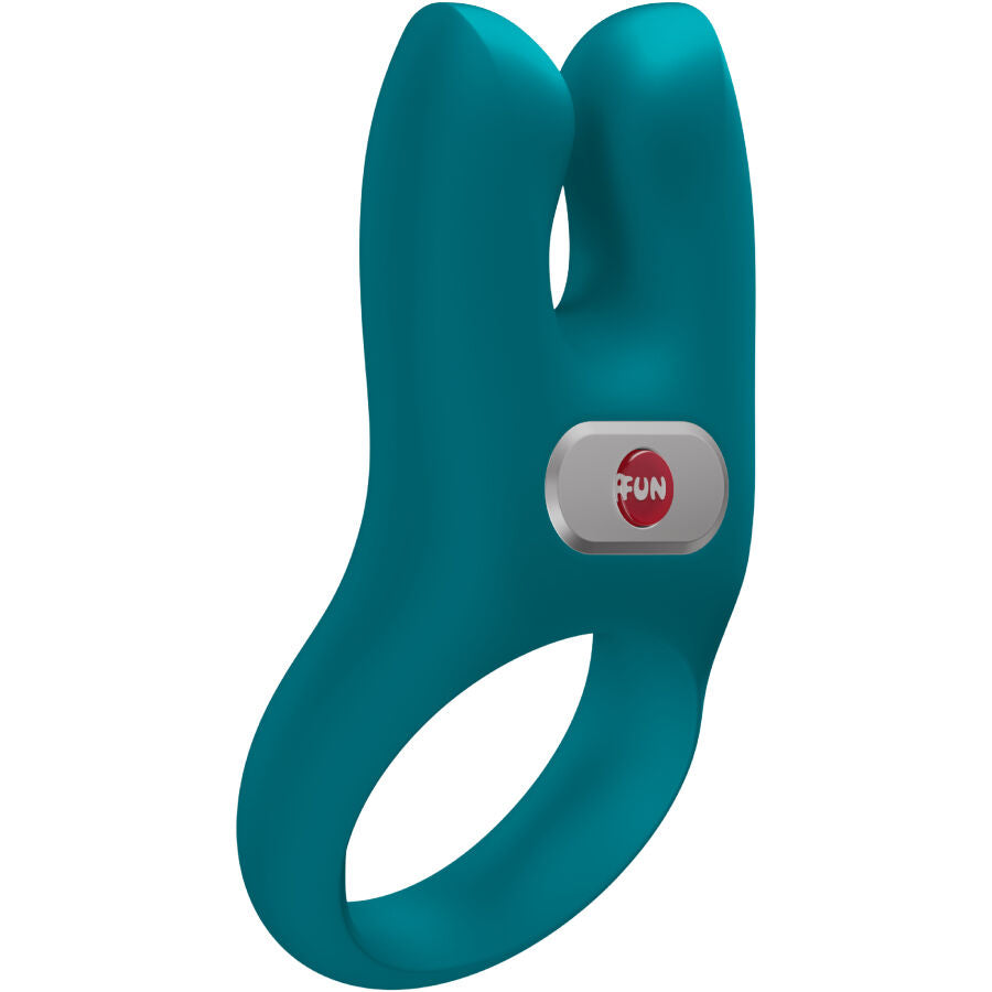 Teal silicone vibrating cock ring with dual prongs and circular control button.