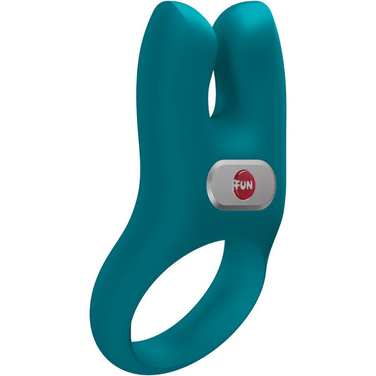 Teal silicone vibrating cock ring with dual prongs and circular control button.