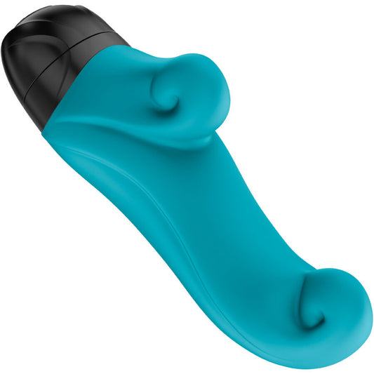 Aquamarine curved mini vibrator with black cap and dual rounded tips.