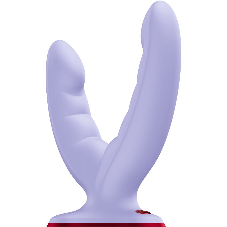 Purple dual-ended silicone dildo with curved shafts and textured design.