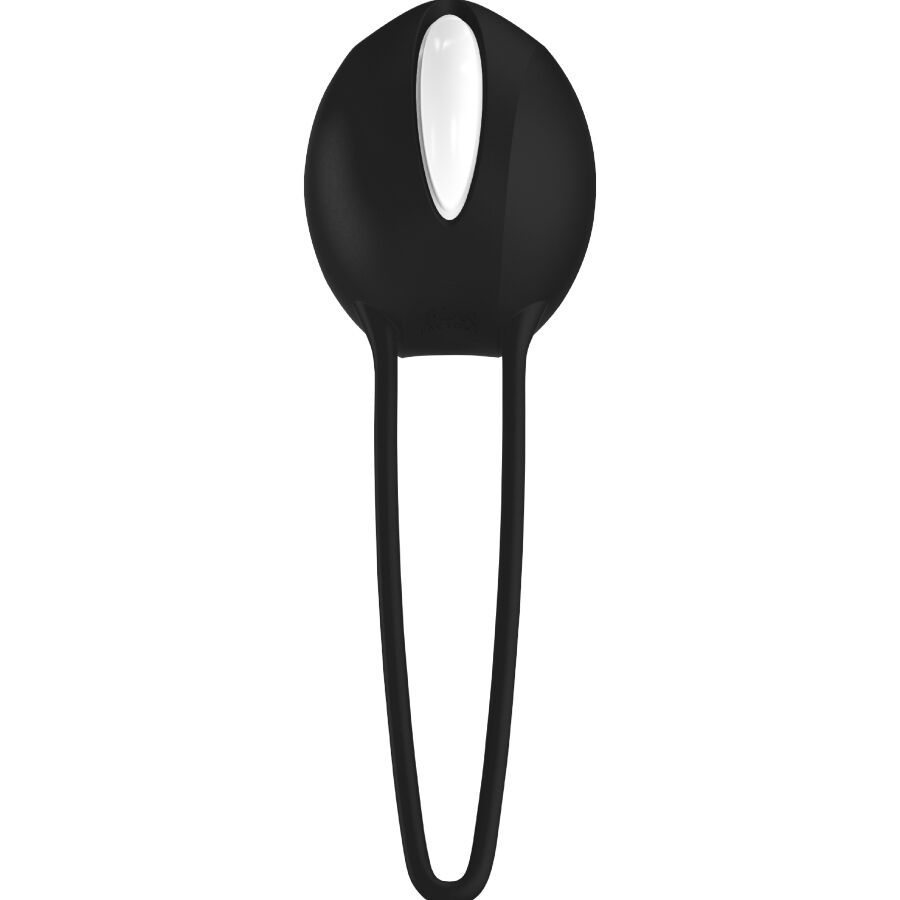 Black silicone kegel ball with elongated loop handle and white accent on top.