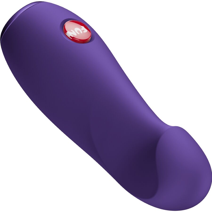 Curved purple bullet vibrator with textured tip and red power button.