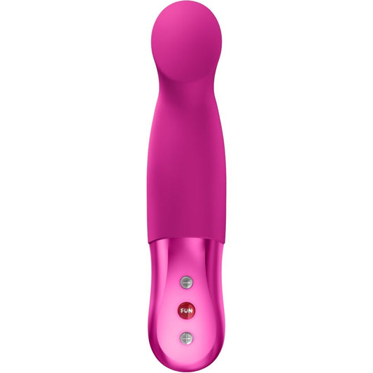 Magenta thrusting pulsator with rounded tip and smooth silicone surface.