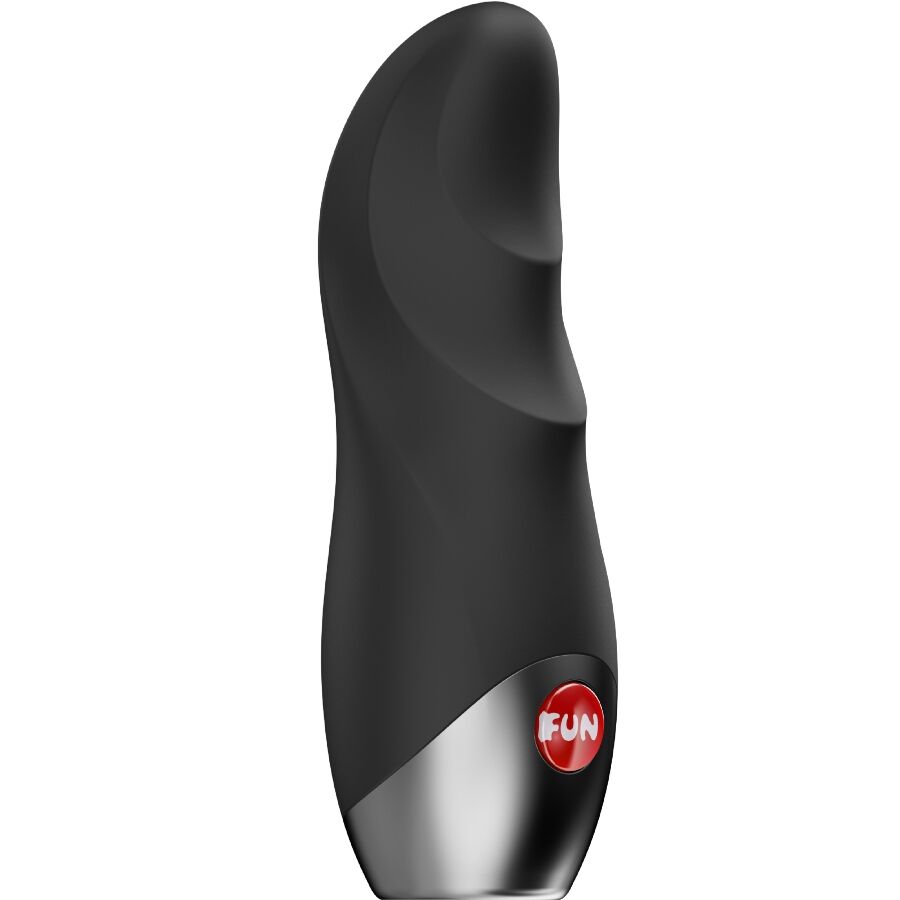 Sleek black bullet vibrator with curved tip, smooth matte finish, and metallic base with red logo.