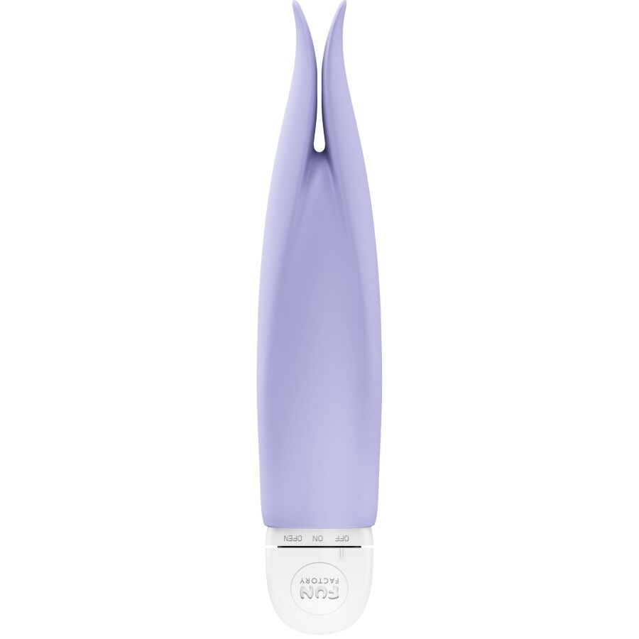 Purple silicone lay-on vibrator with dual prongs and white base control panel.