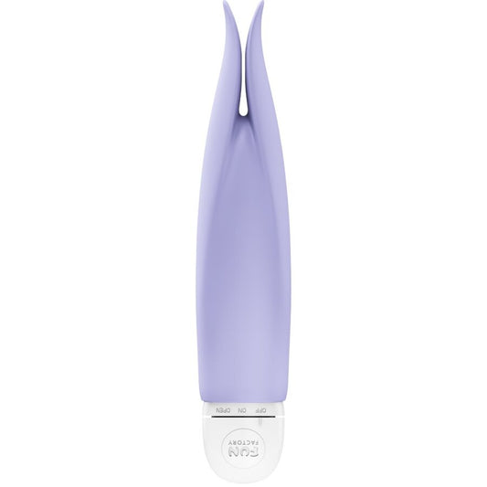 Purple silicone lay-on vibrator with dual prongs and white base control panel.