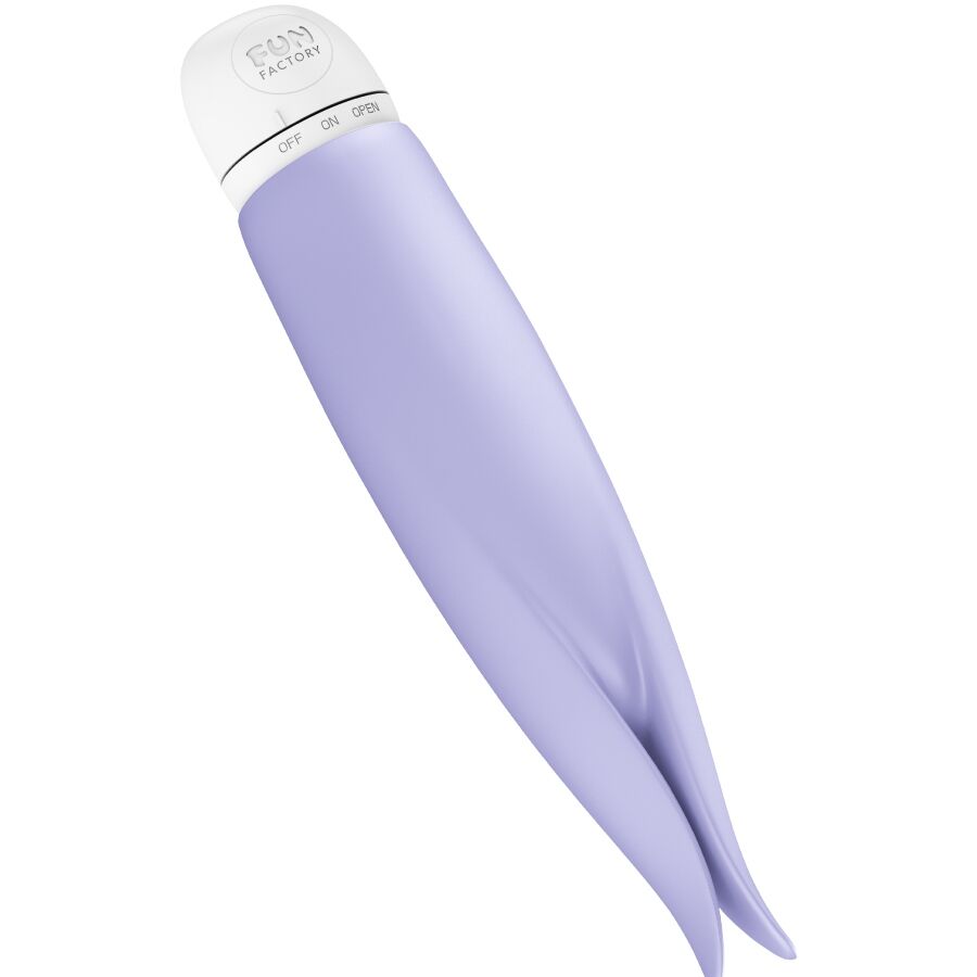 Purple silicone lay-on vibrator with dual soft flexible tips and white rounded control cap.
