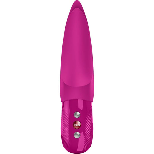 Magenta silicone vibrator with tapered tip and three-button control panel.