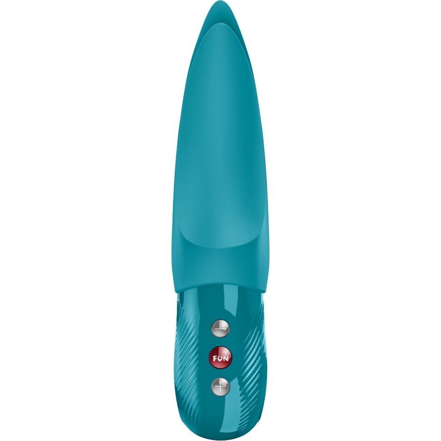 Aquamarine lay-on vibrator with smooth tapered tip and textured control panel with buttons.