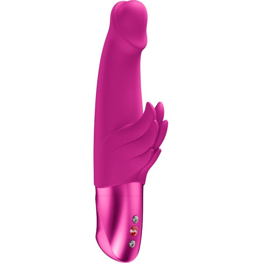 Magenta rabbit vibrator with curved shaft and textured clitoral stimulator shaped like wings, metallic base with control.