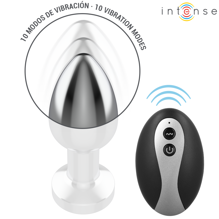 Small silver metal anal plug with flared base and black and silver remote control with three buttons, LED-lit tip visible.