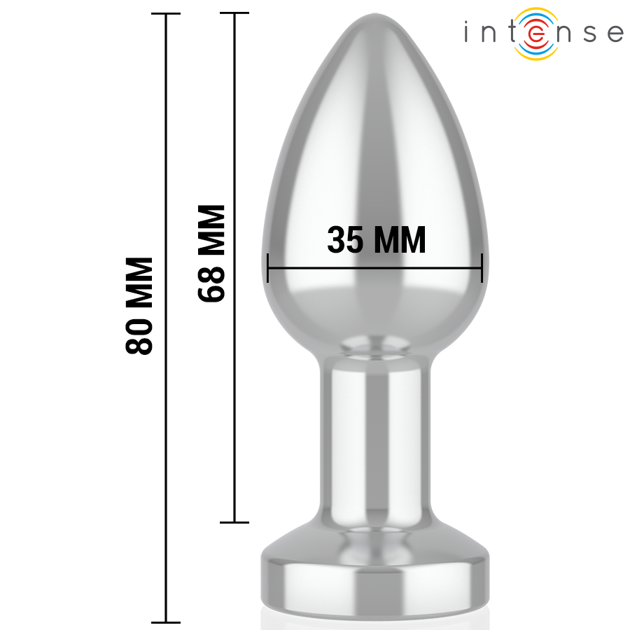 Small silver metal anal plug with tapered tip, 35mm wide and 80mm long including base.