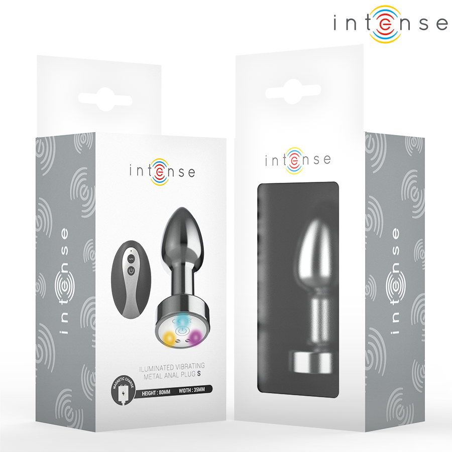 Metal anal plug size S with rounded tip, LED light base, and black remote control in white and gray retail packaging.