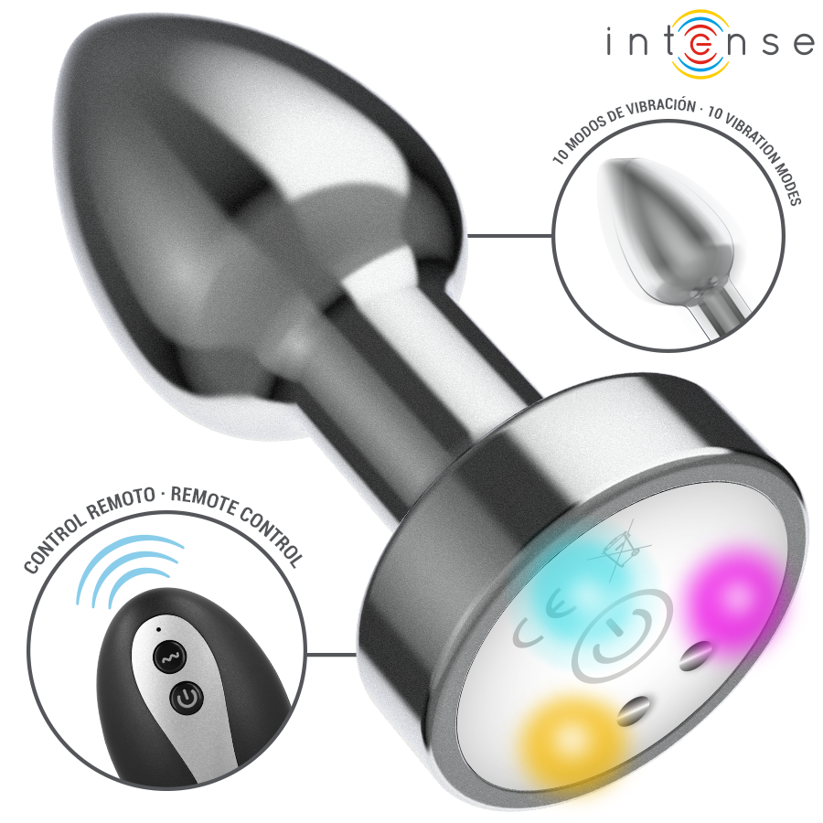Small metallic anal plug with a tapered tip, LED lights on the base, and a black remote control with buttons.