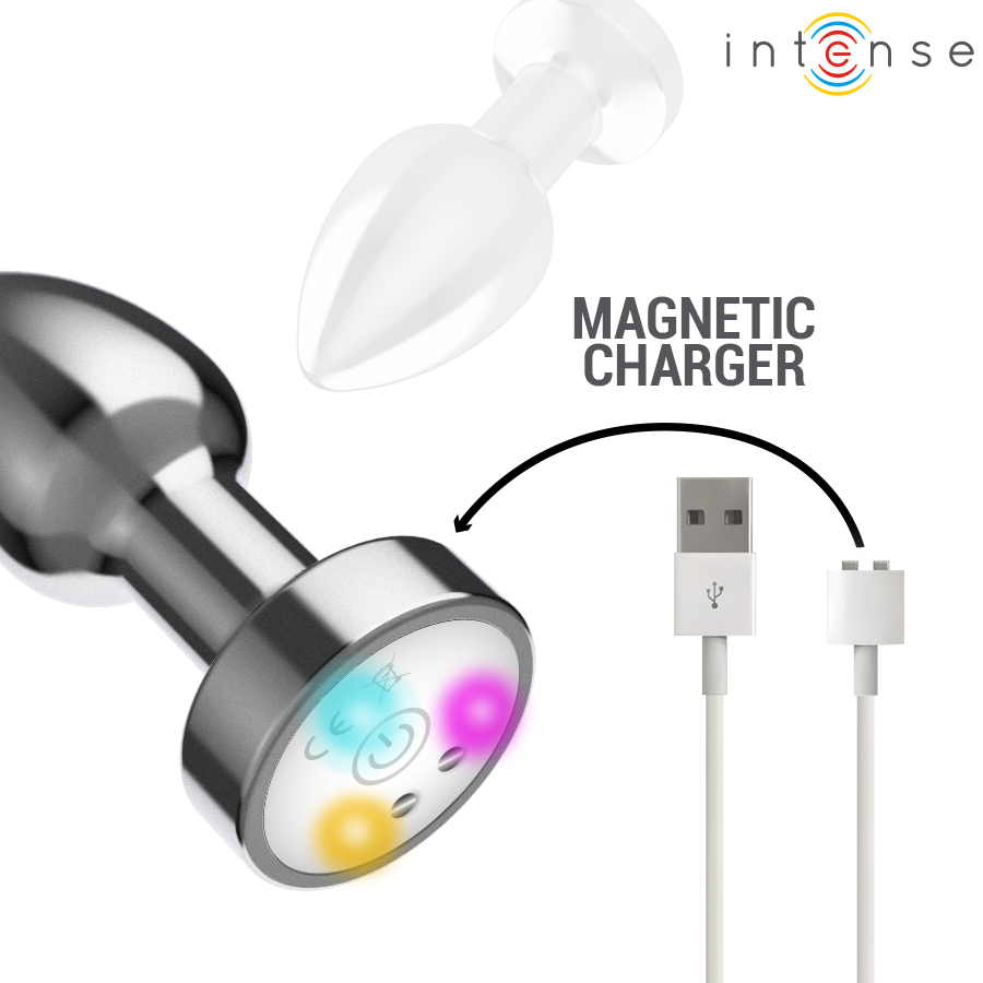 Metallic medium-sized anal plug with colorful LED lights and magnetic USB charger cable.