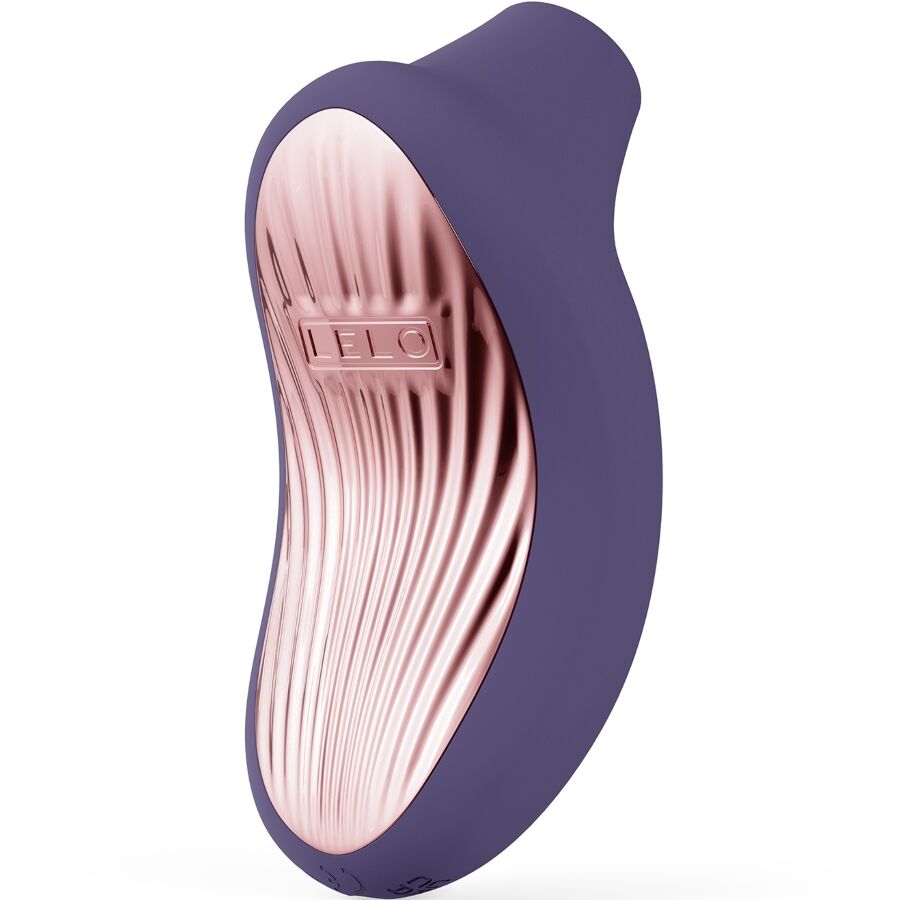 Cyber purple clitoral massager with ribbed rose gold accent and ergonomic curved design.