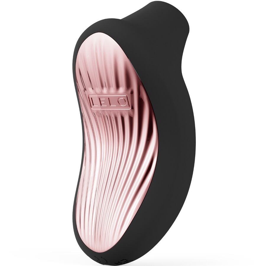 Black sonic clitoral massager with textured rose gold front panel and ergonomic curved design.