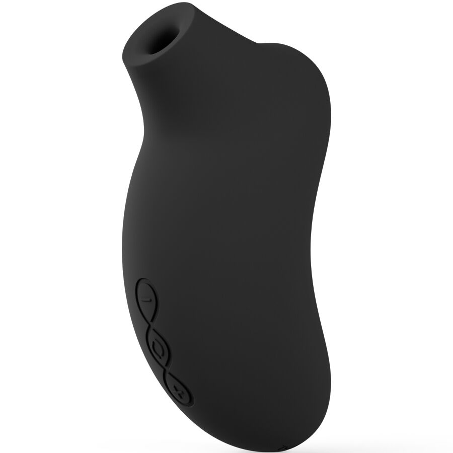 Black sleek clitoral massager with ergonomic shape and three control buttons on side.