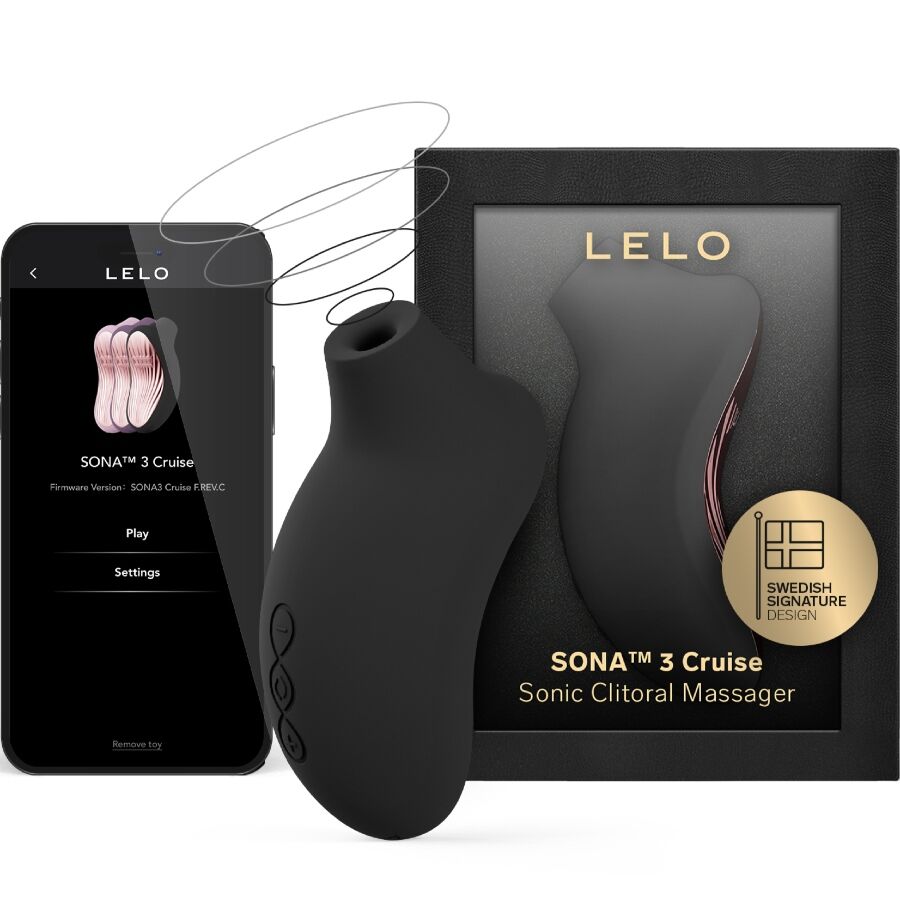 Black LELO SONA 3 Cruise sonic clitoral massager with smartphone app and packaging box.
