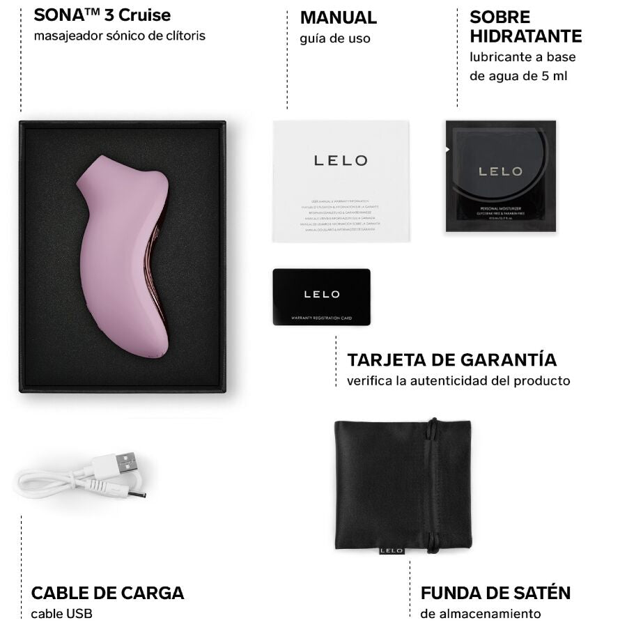 Soft pink LELO Sona 3 Cruise clitoral massager with USB charging cable, water-based lubricant, satin storage pouch, and.