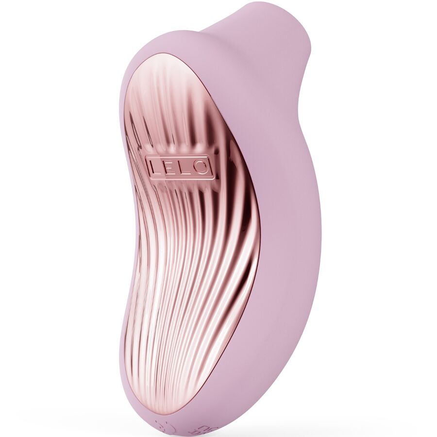 Soft pink ergonomic clitoral massager with textured rose gold panel and cruise control buttons.
