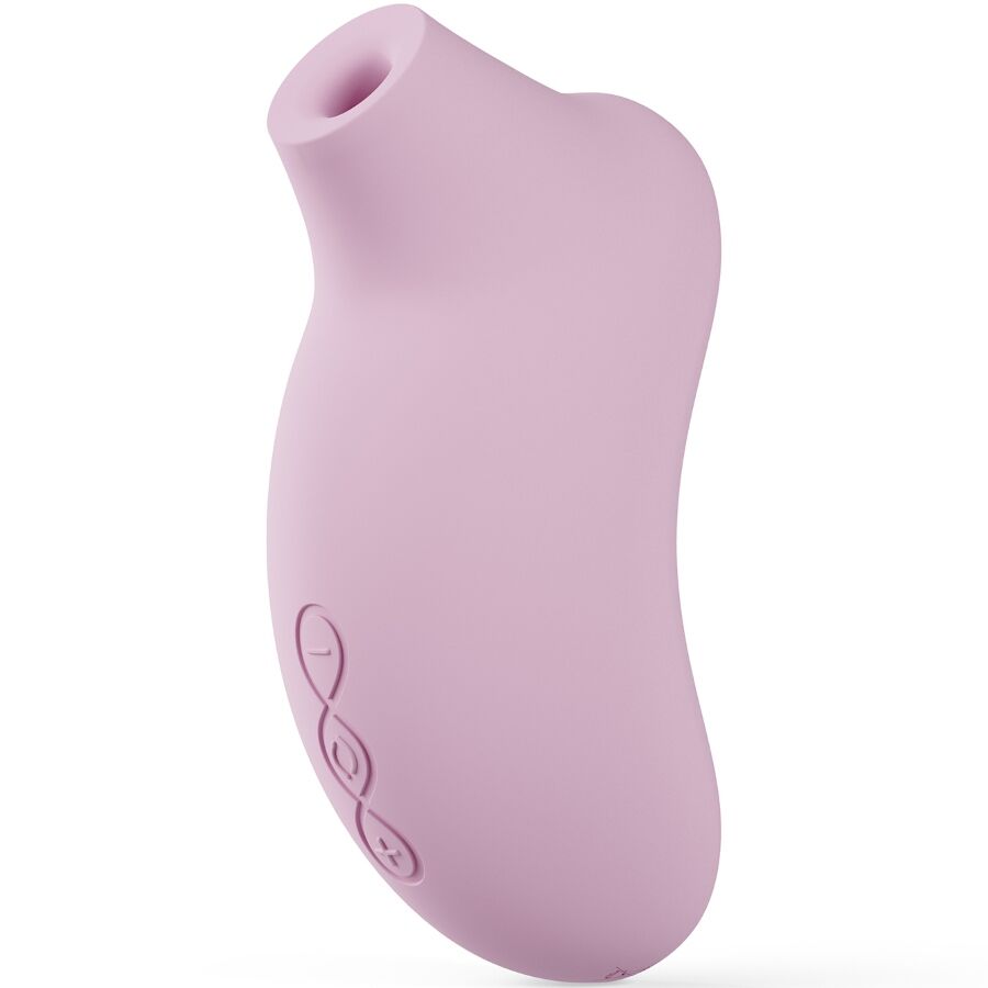 Soft pink silicone clitoral massager with ergonomic curved design and three control buttons.